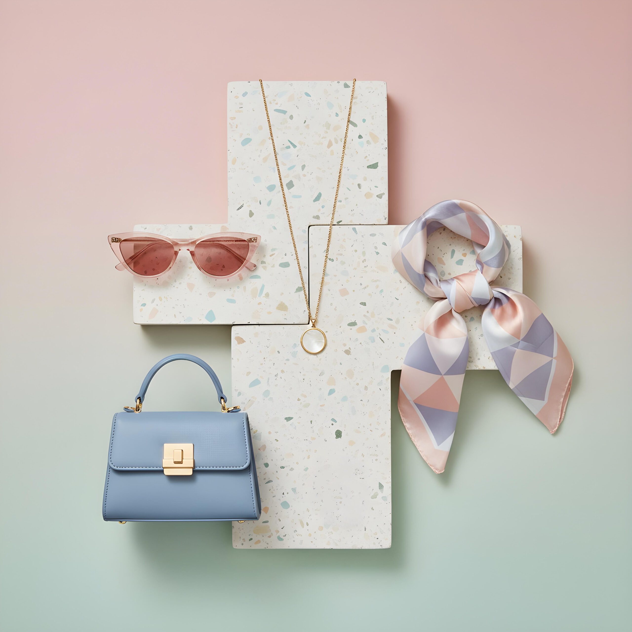 Home accessories still life with sunglasses bag scarf necklace